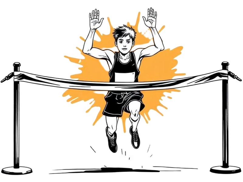 Line-art runner breaking a finish-line tape