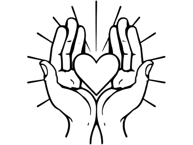 Line-art cupped hands holding a radiant heart