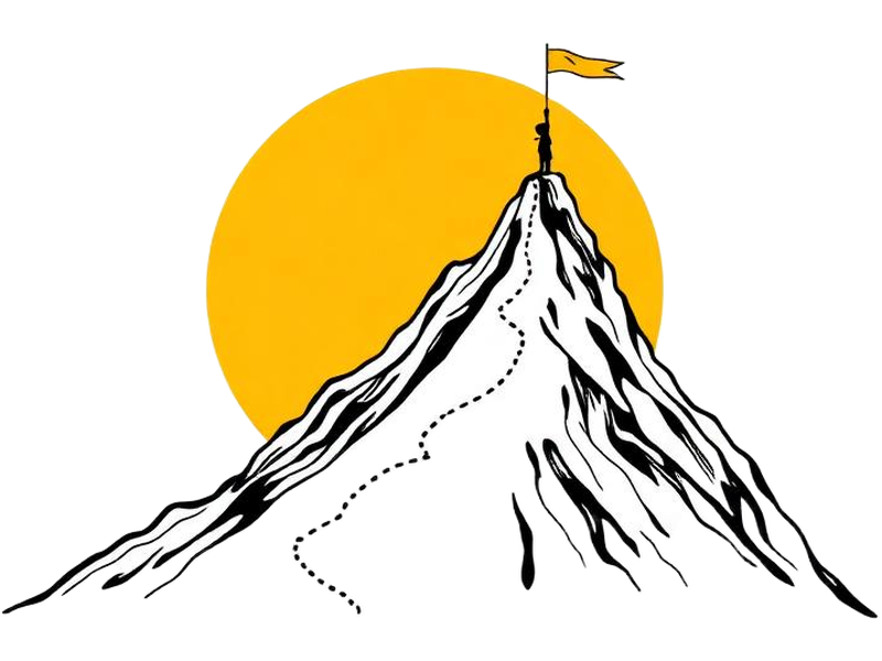 Line-art mountain summit with a child planting a flag