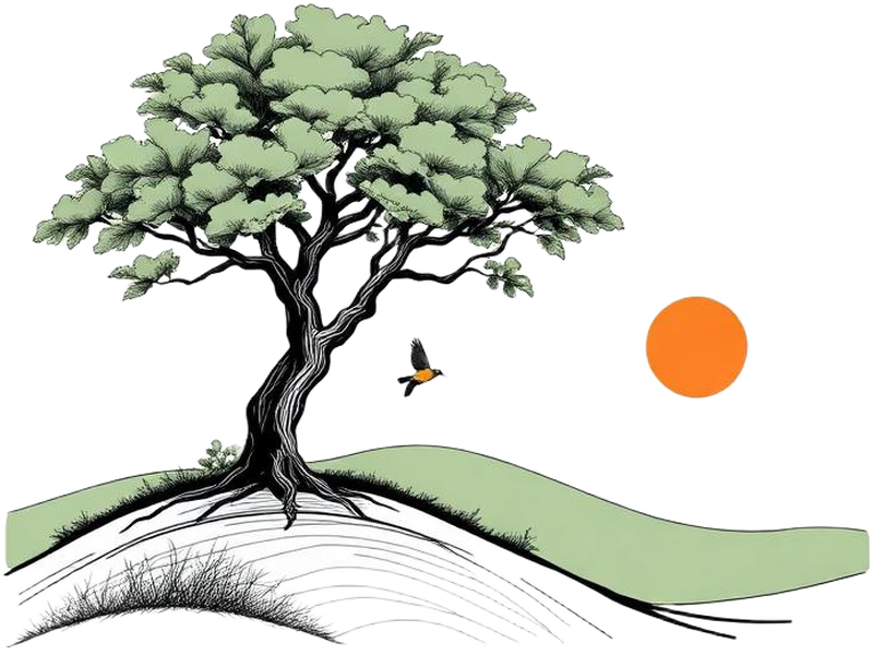 Line-art tree on a hillside with a bird and sun
