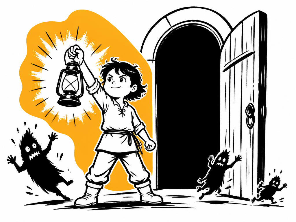 Line-art child holding a lantern before a dark doorway