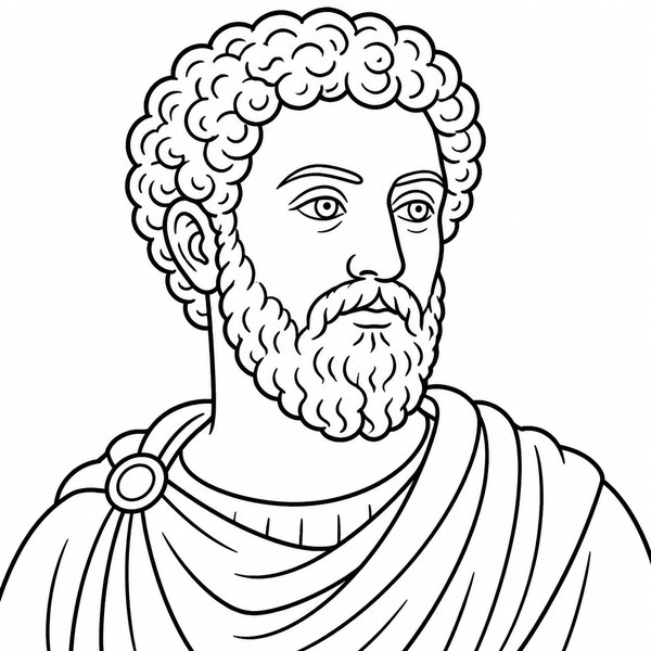 Marcus Aurelius coloring page — line-art portrait of the Roman emperor and Stoic philosopher