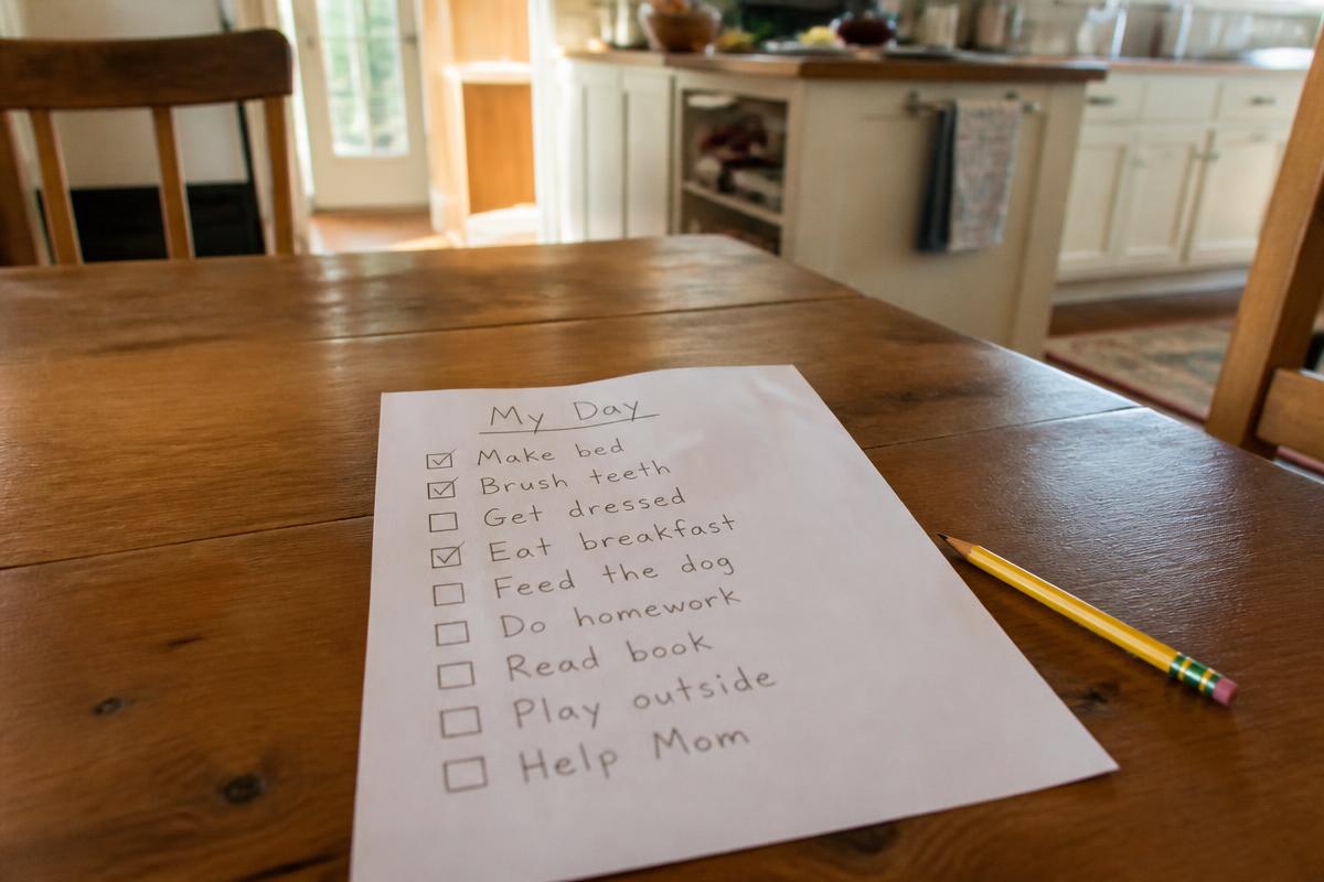 A child's handwritten daily checklist and pencil on a wooden kitchen table in morning light