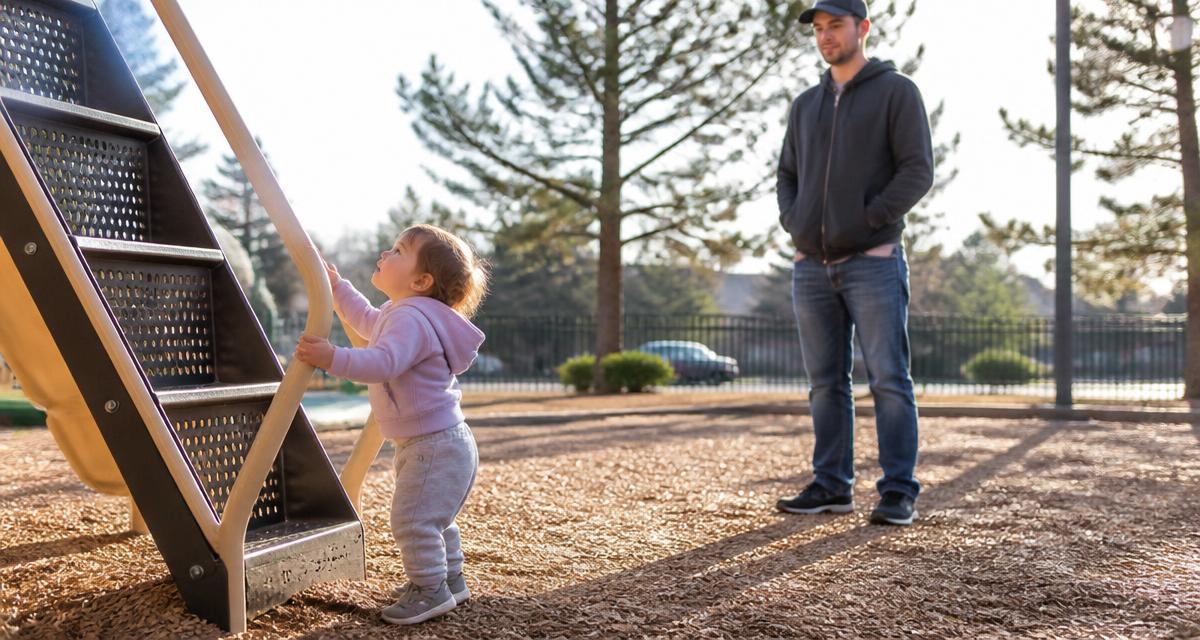 A young child looking up at a playground climbing ladder with determination while a parent watches calmly from a few steps back