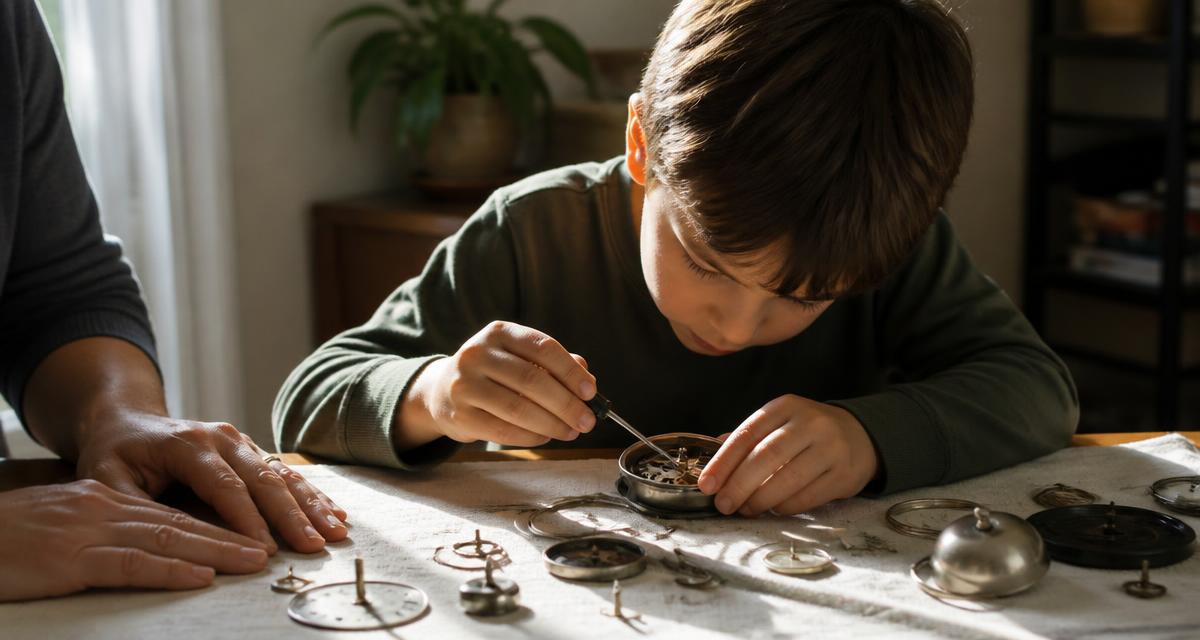 A child at a sunlit table carefully taking apart an old clock with a small screwdriver while a parent's hands rest nearby
