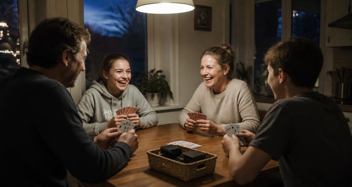 A family of four laughing around a kitchen table playing cards at dusk, phones stacked face-down in a basket