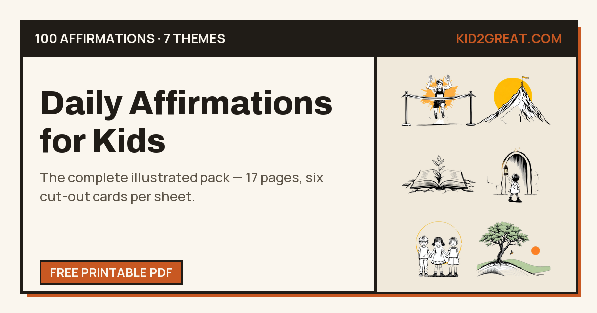 100 Daily Affirmations for Kids — complete printable pack share card, showing six theme illustrations.