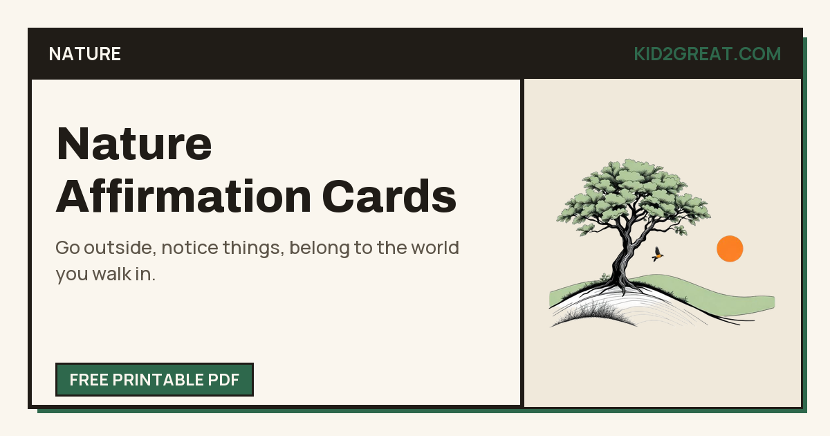 Nature affirmation cards for kids — share card with a line-art tree on a hillside.