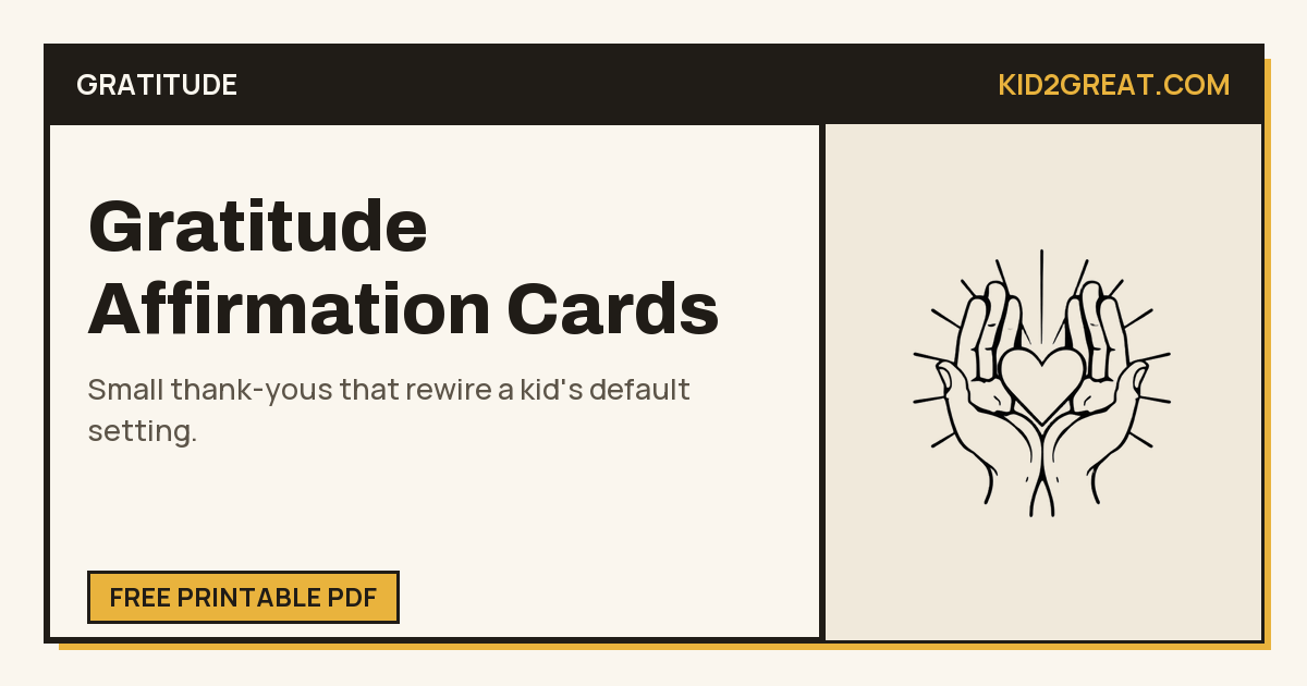 Gratitude affirmation cards for kids — share card with line-art cupped hands holding a heart.
