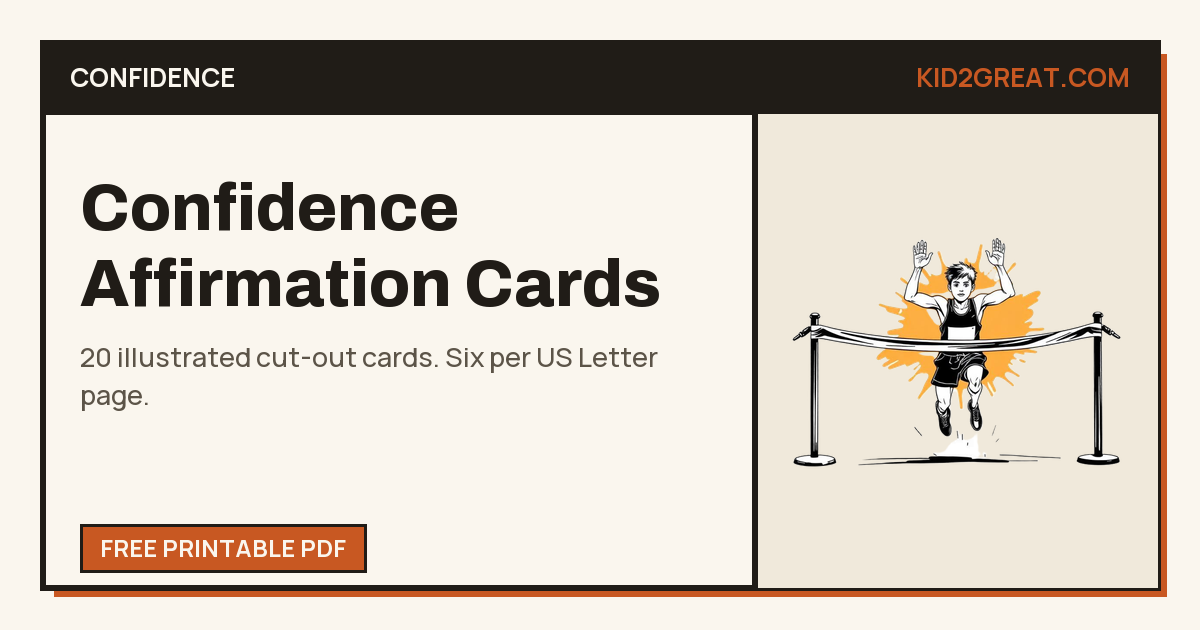 Confidence affirmation cards for kids — share card with a line-art runner breaking a finish-line tape.