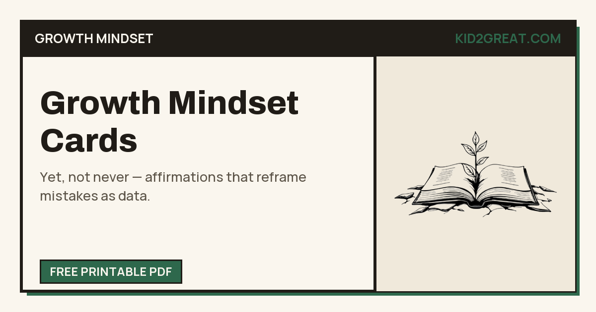 Growth mindset affirmation cards for kids — share card with a line-art seedling sprouting from an open book.
