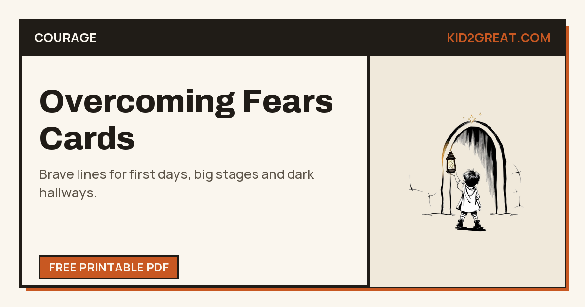 Overcoming fears affirmation cards for kids — share card with a line-art child holding a lantern.