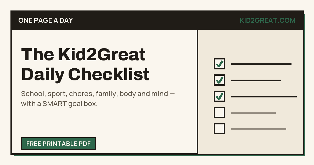 The Kid2Great Daily Checklist — share card with a ticked five-item checklist.