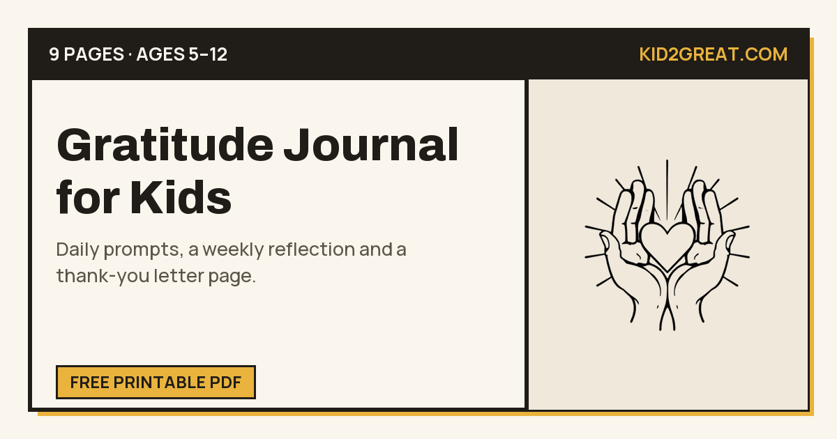 Gratitude Journal for Kids — share card with line-art cupped hands holding a radiant heart.